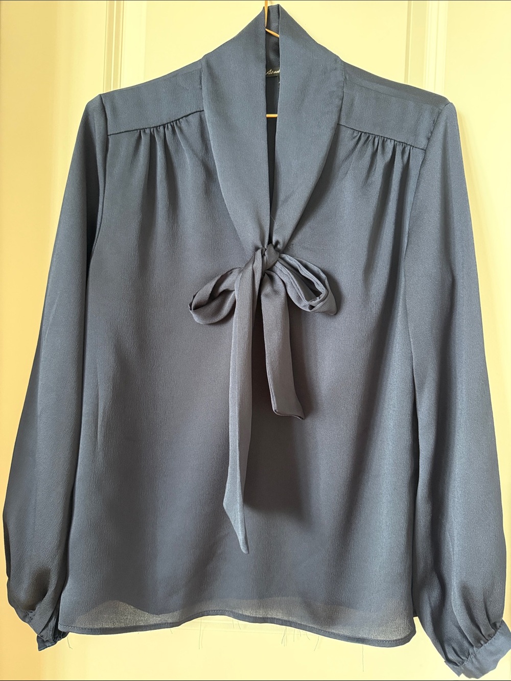 La Femme Slate Blue Tie-Neck Blouse